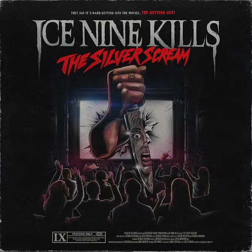 Album cover for Ice Nine Kills - The Silver Scream featuring a stylized image of a person with a mask and the band's logo, with a crowd in the background.