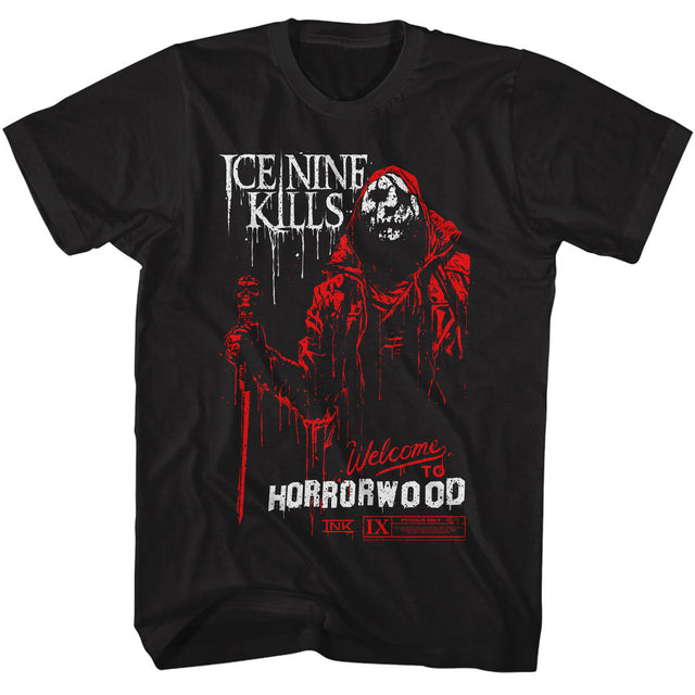 Black t-shirt with red and white graphic design featuring a hooded figure and text on a white background