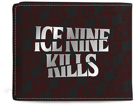 Black wallet featuring bold silver 'Ice Nine Kills' band logo on a patterned background