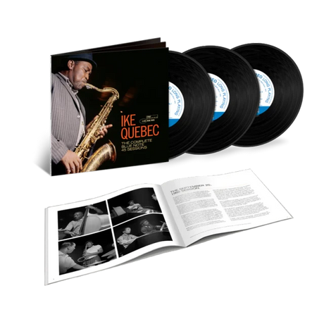 Ike Quebec 'In My Complete 90s Album Collection' 3LP vinyl set, featuring the black cover jacket with a saxophone photo, three black vinyl records with blue labels, and an open printed booklet on a white background.