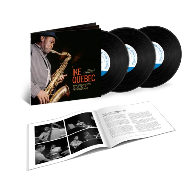 Ike Quebec 'In My Complete 90s Album Collection' 3LP vinyl set, featuring the black cover jacket with a saxophone photo, three black vinyl records with blue labels, and an open printed booklet on a white background.