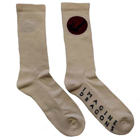 Beige socks with a red circle and black symbol, and 'Imagine Dragons' text on the bottom of the foot.