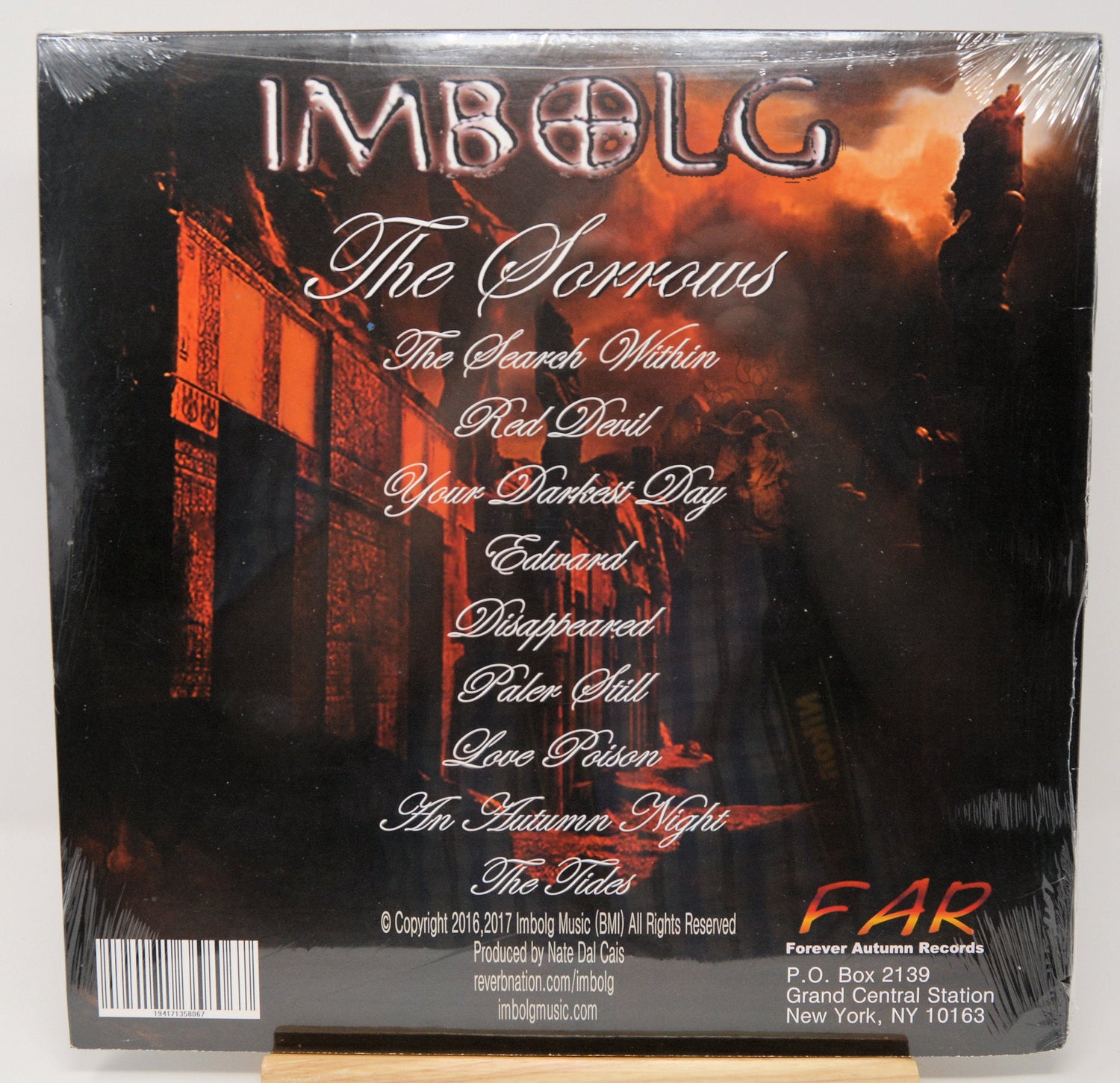 Back cover of Imbolg's 'The Sorrows' vinyl album featuring tracklist and gothic design