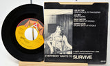Vinyl record and its cover with text and a black and white photo of a person.