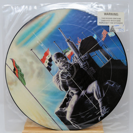 Vinyl record with a graphic design of a person holding a rifle and flags, on a white background.