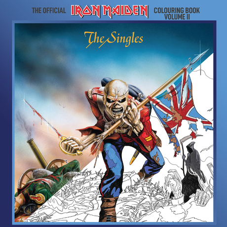 Official Iron Maiden Colouring Book Volume II cover featuring Eddie charging with a British flag and dramatic battlefield scene