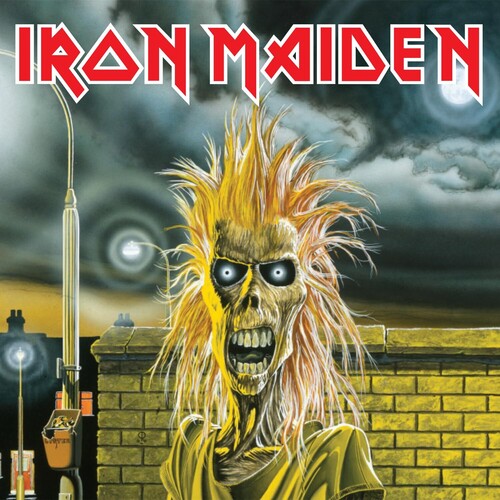 Vinyl record cover featuring the band Iron Maiden with an illustration of a skull with fiery hair against a stormy sky backdrop.