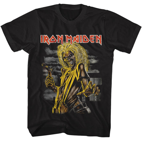 Black t-shirt with Iron Maiden graphic featuring a character in yellow and black attire.