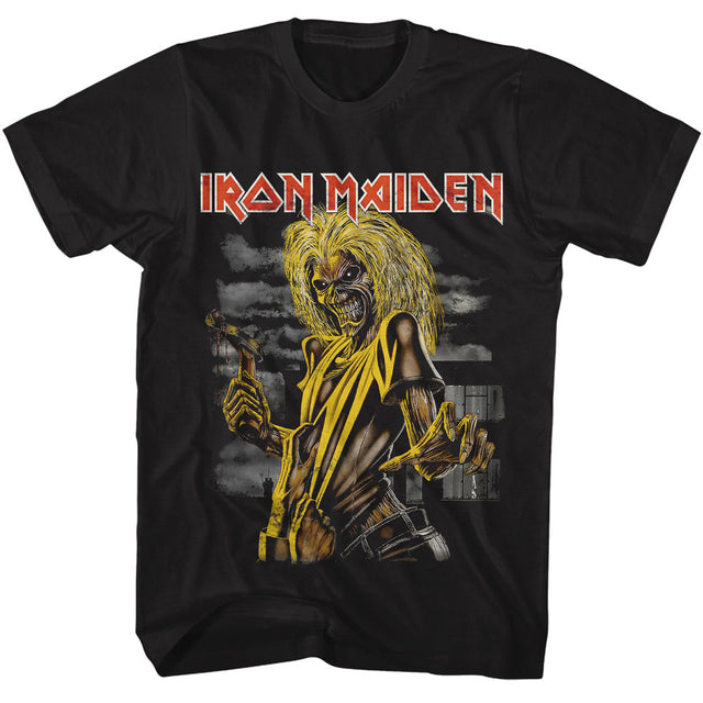 Black t-shirt with Iron Maiden graphic featuring a character in yellow and black attire.