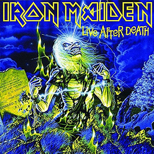 Album cover for Iron Maiden's 'Live After Death' with Eddie in a graveyard and blue background.