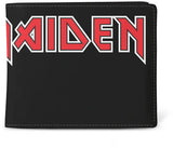 Black bifold wallet featuring the iconic red and white 'MAIDEN' logo design