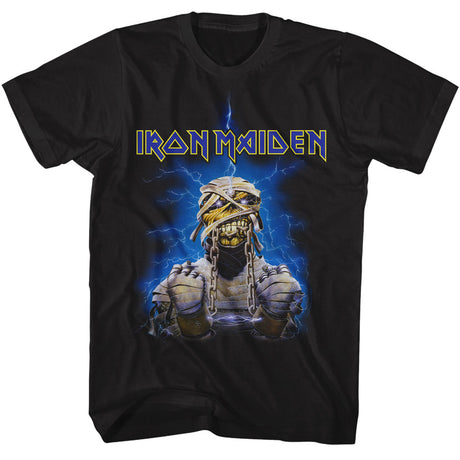 Black t-shirt with Iron Maiden graphic featuring a mummy and lightning bolts on a white background