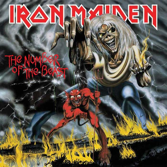 Album cover for Iron Maiden's 'The Number of the Beast' with a skeleton and devil illustration.