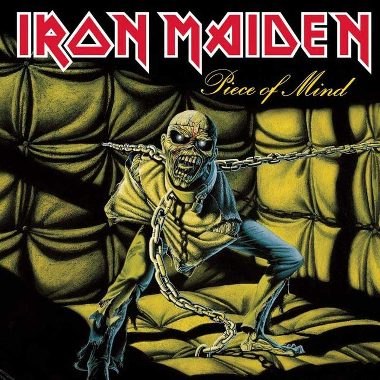 Iron Maiden album cover for 'Piece of Mind' featuring an illustration of a skeleton with chains and a metallic aesthetic, predominantly in shades of yellow and red.