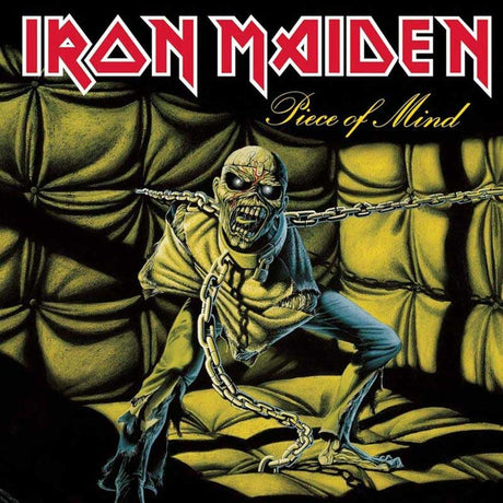 Iron Maiden album cover for 'Piece of Mind' featuring an illustration of a skeleton with chains and a metallic aesthetic, predominantly in shades of yellow and red.