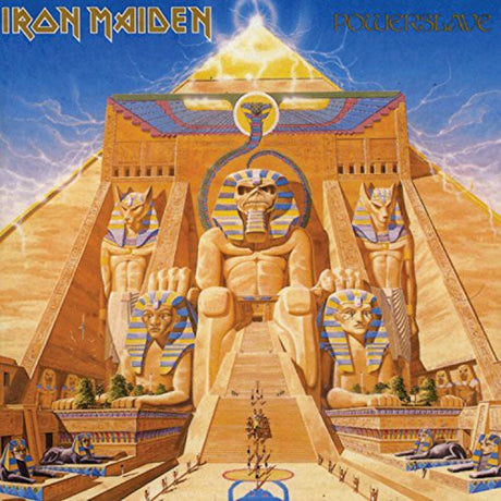 The cover art for Iron Maiden's album 'Powerslave' features a Pharaoh-like figure with a large eye, surrounded by a representation of an ancient civilization.