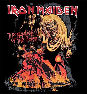 Iron Maiden The Number of the Beast t-shirt design featuring iconic Eddie artwork and devil in flames