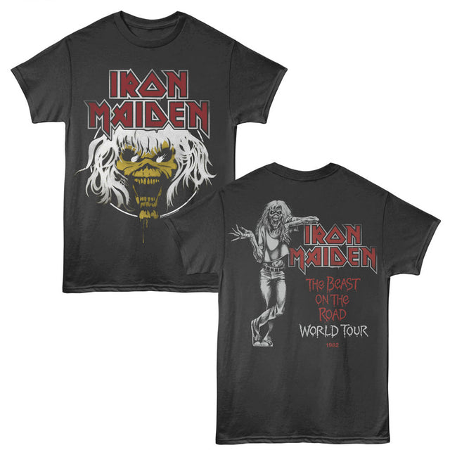 Black t-shirt with Iron Maiden graphics on a white background