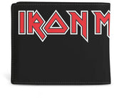 Black wallet with bold 'IRON MAIDEN' logo in red and white stylized lettering