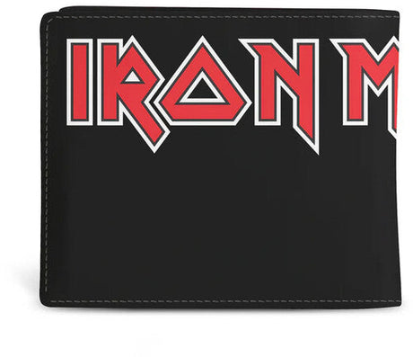 Black wallet with bold 'IRON MAIDEN' logo in red and white stylized lettering