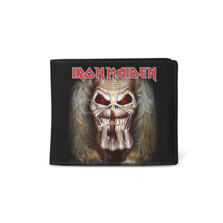 Black wallet featuring Iron Maiden logo and Eddie mascot with menacing expression and graphic gesture