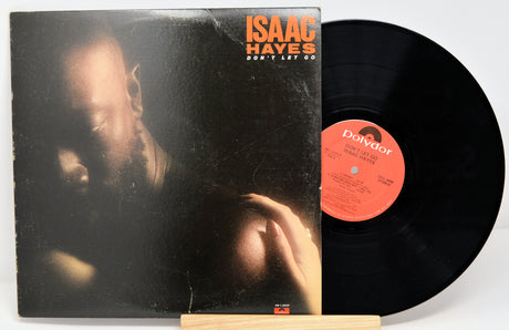 Isaac Hayes vinyl record titled 'Don't Let Go' with the artist's photo on the cover, displaying a black LP record.