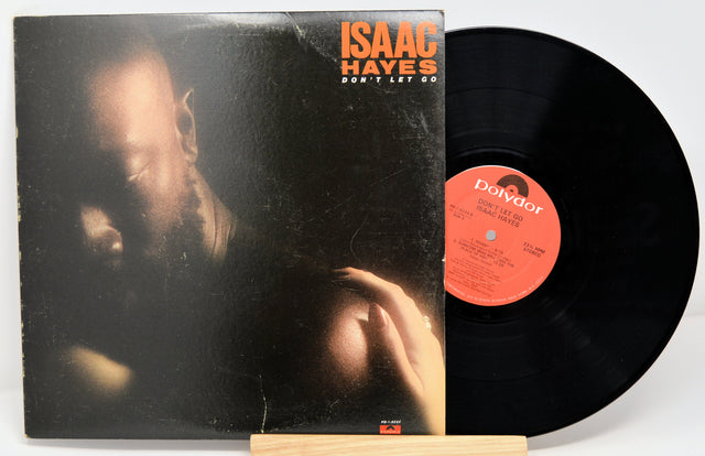 Isaac Hayes vinyl record titled 'Don't Let Go' with the artist's photo on the cover, displaying a black LP record.