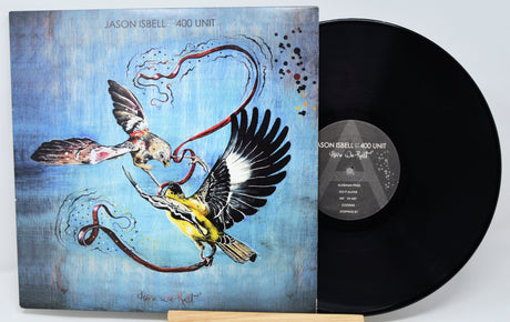 Vinyl record with artistic cover featuring birds and abstract elements on a blue background.