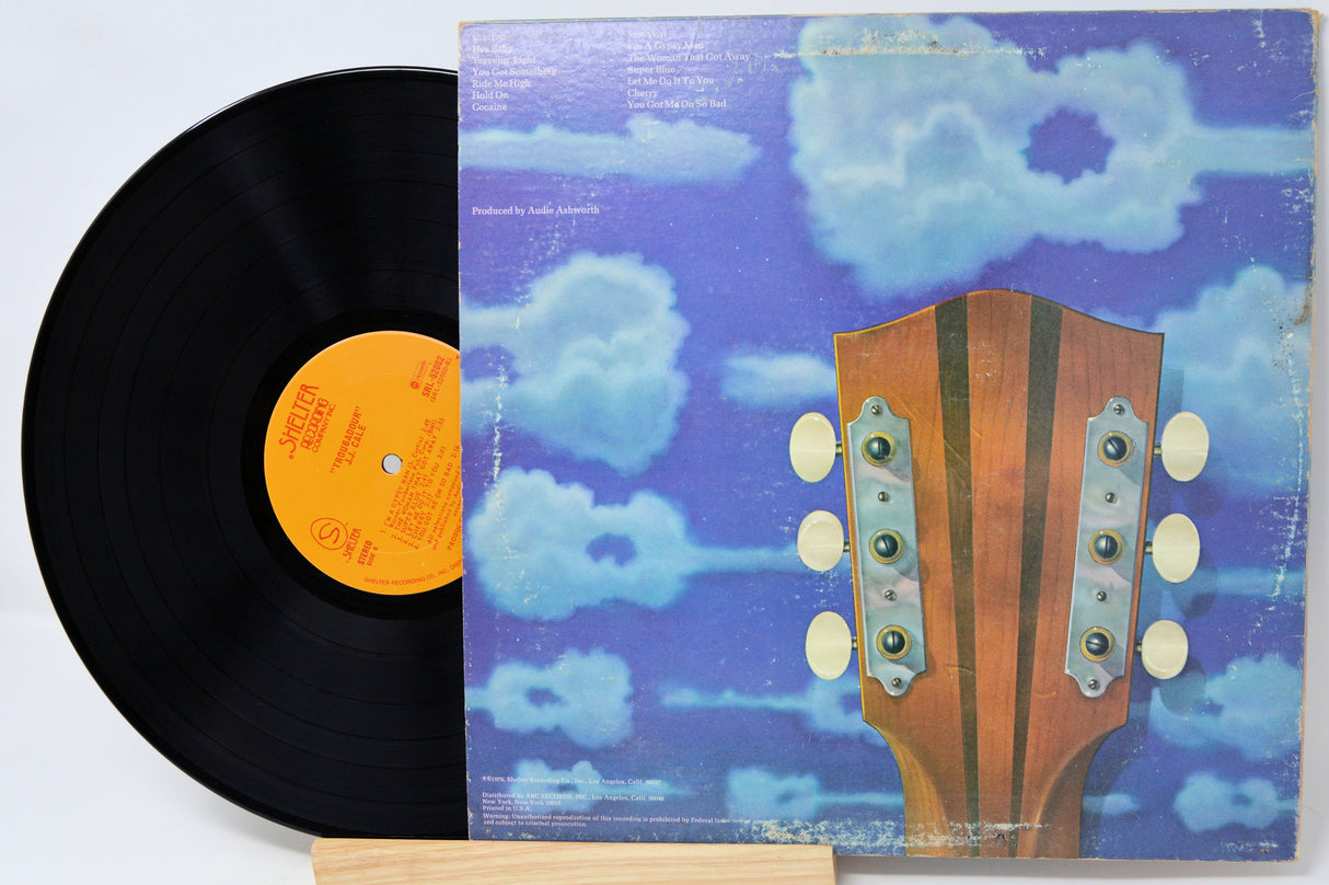 Vinyl record with a blue album cover featuring a guitar headstock against a cloudy sky.