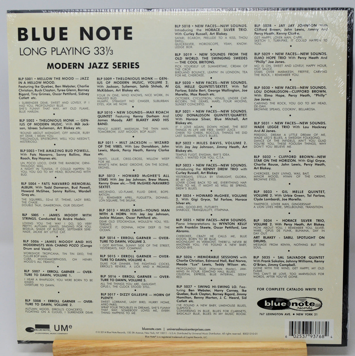 The back cover of a Blue Note vinyl record sleeve for 'Long Playing - Modern Jazz Series', featuring track listings, catalog number BPD 2017, and a barcode.