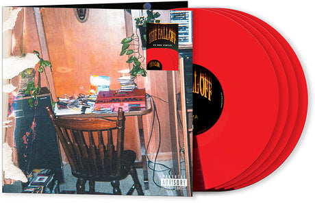 Red vinyl records with a matching album cover featuring a room interior for the J. Cole album titled 'The Fall Off'.