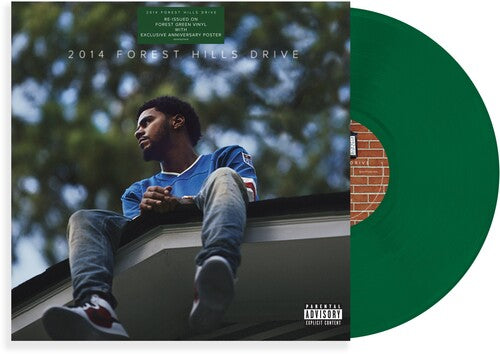 A vinyl record album cover featuring J. Cole sitting on a rooftop with a tree in the background with a green album sticking out.