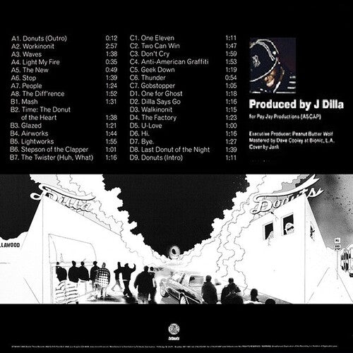 Album tracklist with black and white illustration of a city street scene.