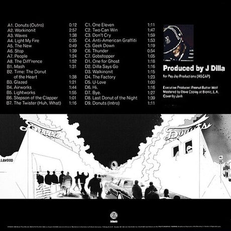 Album tracklist with black and white illustration of a city street scene.