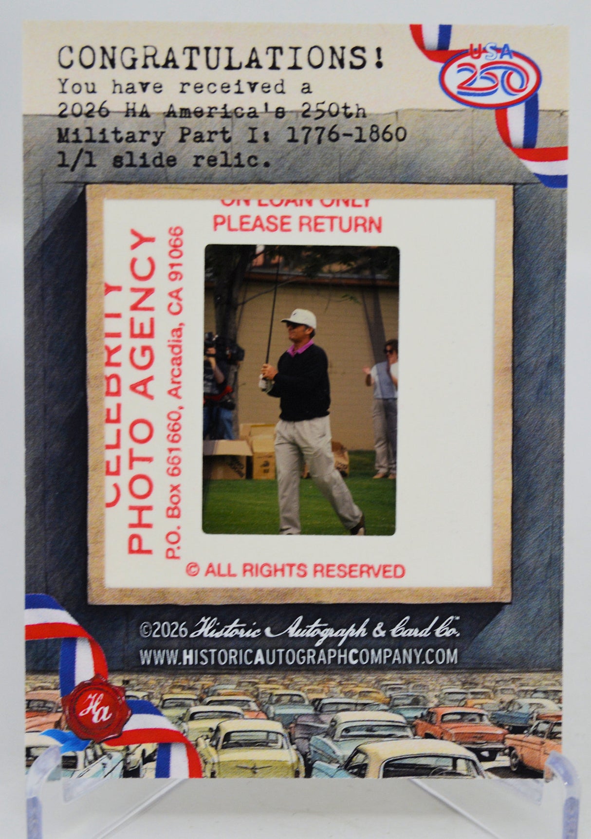 Photo slide with Jack Nicholson golfing and promotional text for a historical autograph company.