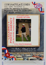 Photo slide with Jack Nicholson golfing and promotional text for a historical autograph company.