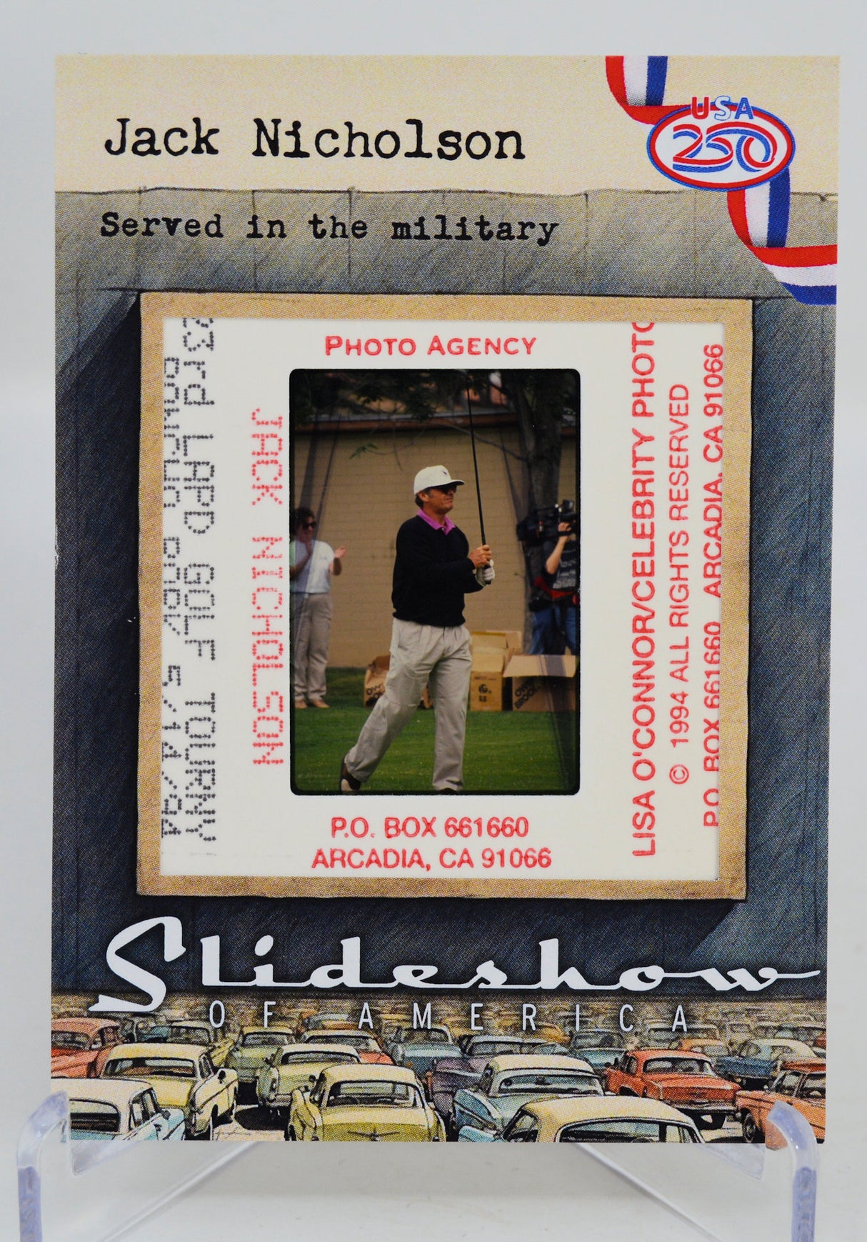 Memorabilia featuring Jack Nicholson with text about his military service and a photo of him playing golf.