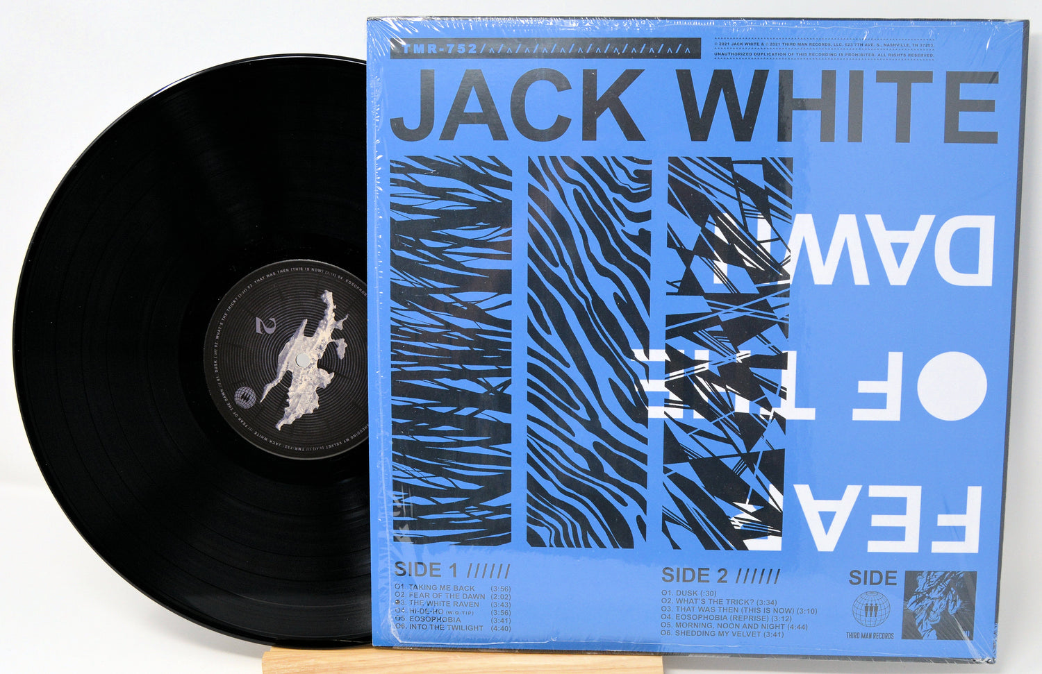 Jack White Fear of the Dawn vinyl record with blue abstract cover and tracklist