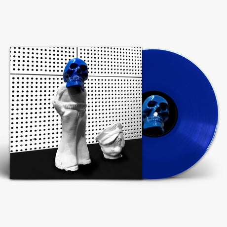Blue vinyl record with a person wearing a blue helmet against a white background