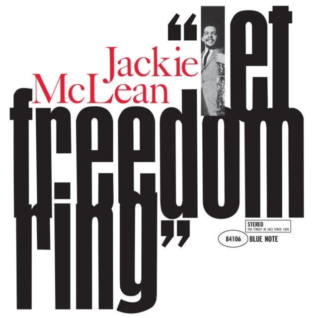 Album cover for Jackie McLean - Let Freedom Ring, featuring text and a photograph of the artist.