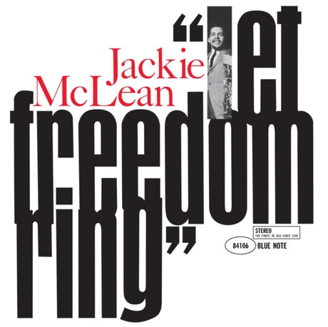 Album cover for Jackie McLean - Let Freedom Ring, featuring text and a photograph of the artist.