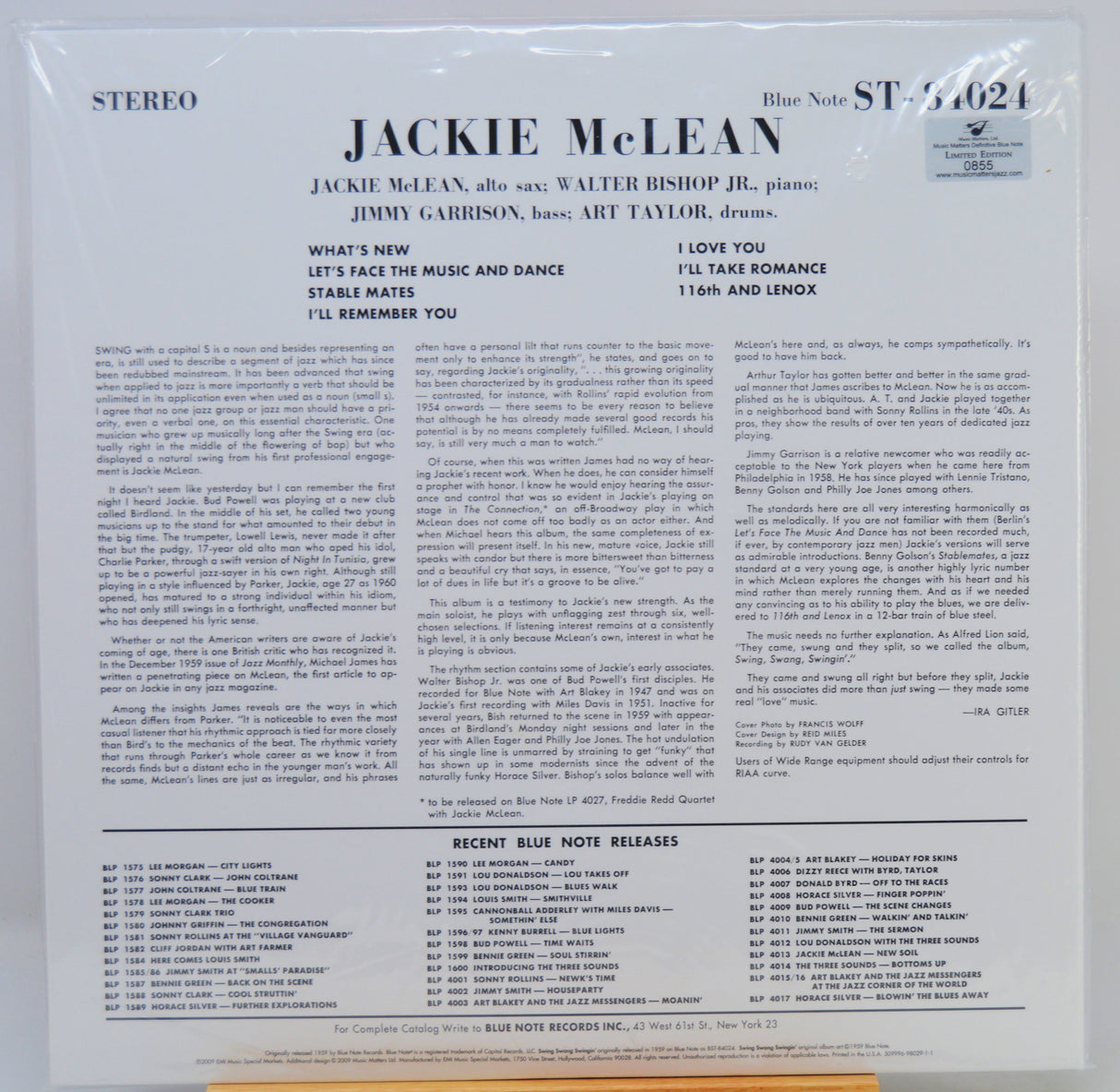 The back cover of a vinyl record sleeve for Jackie McLean's album 'What's New' on Blue Note Records, showing track listings and text on a white background.