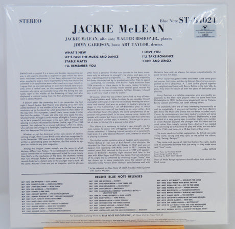 The back cover of a vinyl record sleeve for Jackie McLean's album 'What's New' on Blue Note Records, showing track listings and text on a white background.