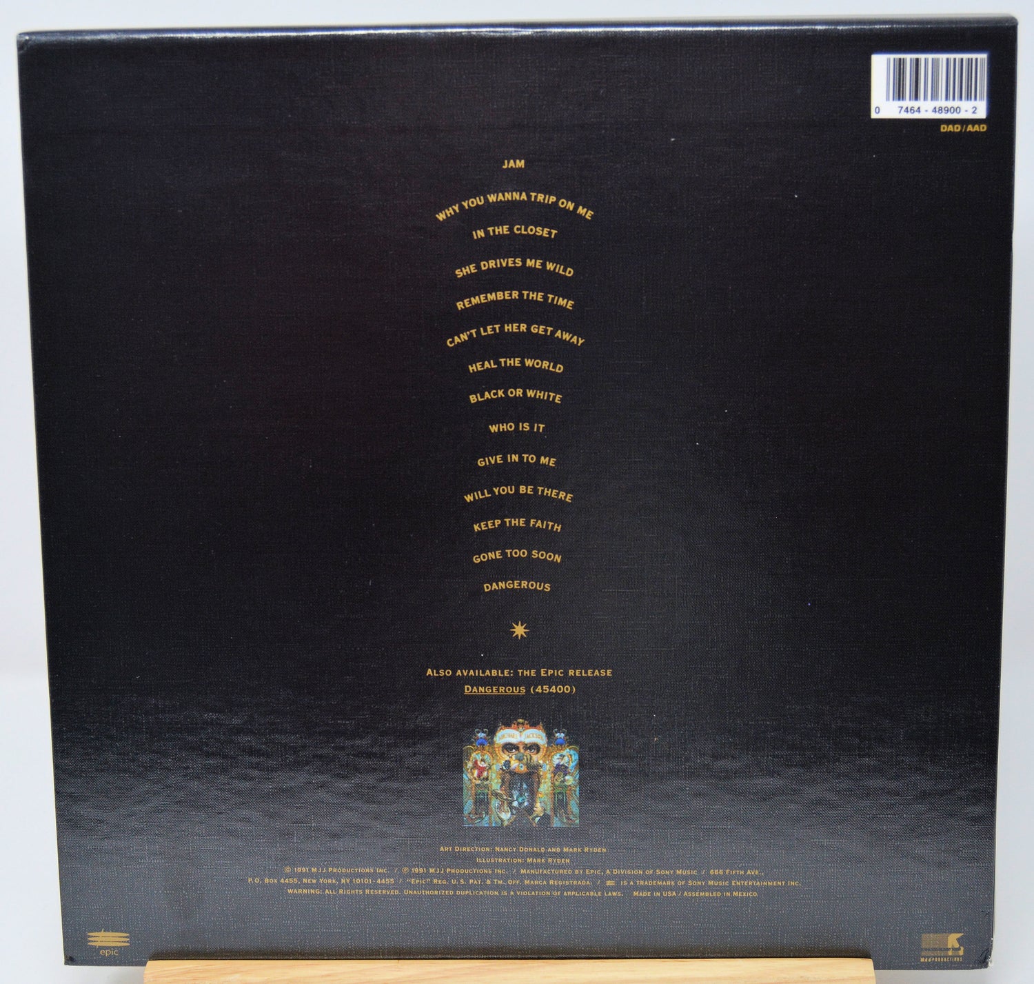 Back cover of a vinyl record with text and album artwork on a white background