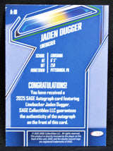 Blue trading card for Jaden Dugger with text and logo