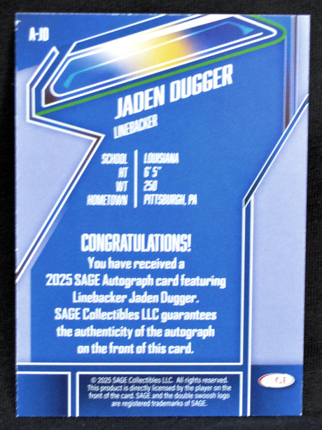 Blue trading card for Jaden Dugger with text and logo