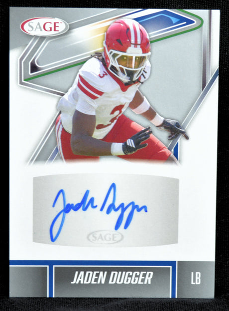 Football trading card of Jaden Dugger with autograph, wearing a red and white uniform.