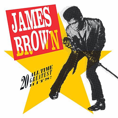 A vinyl record cover featuring James Brown with a red and yellow background, titled '20 All-Time Greats' with a star graphic and text.