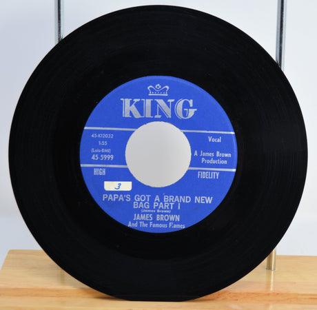 James Brown 'Papa's Got A Brand New Bag' Black vinyl record with a blue label featuring 'King' records.