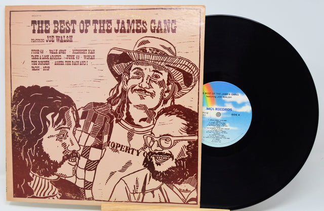 Vinyl record with cover featuring illustrations of a cowboy and another person, titled 'The Best of the James Gang'.